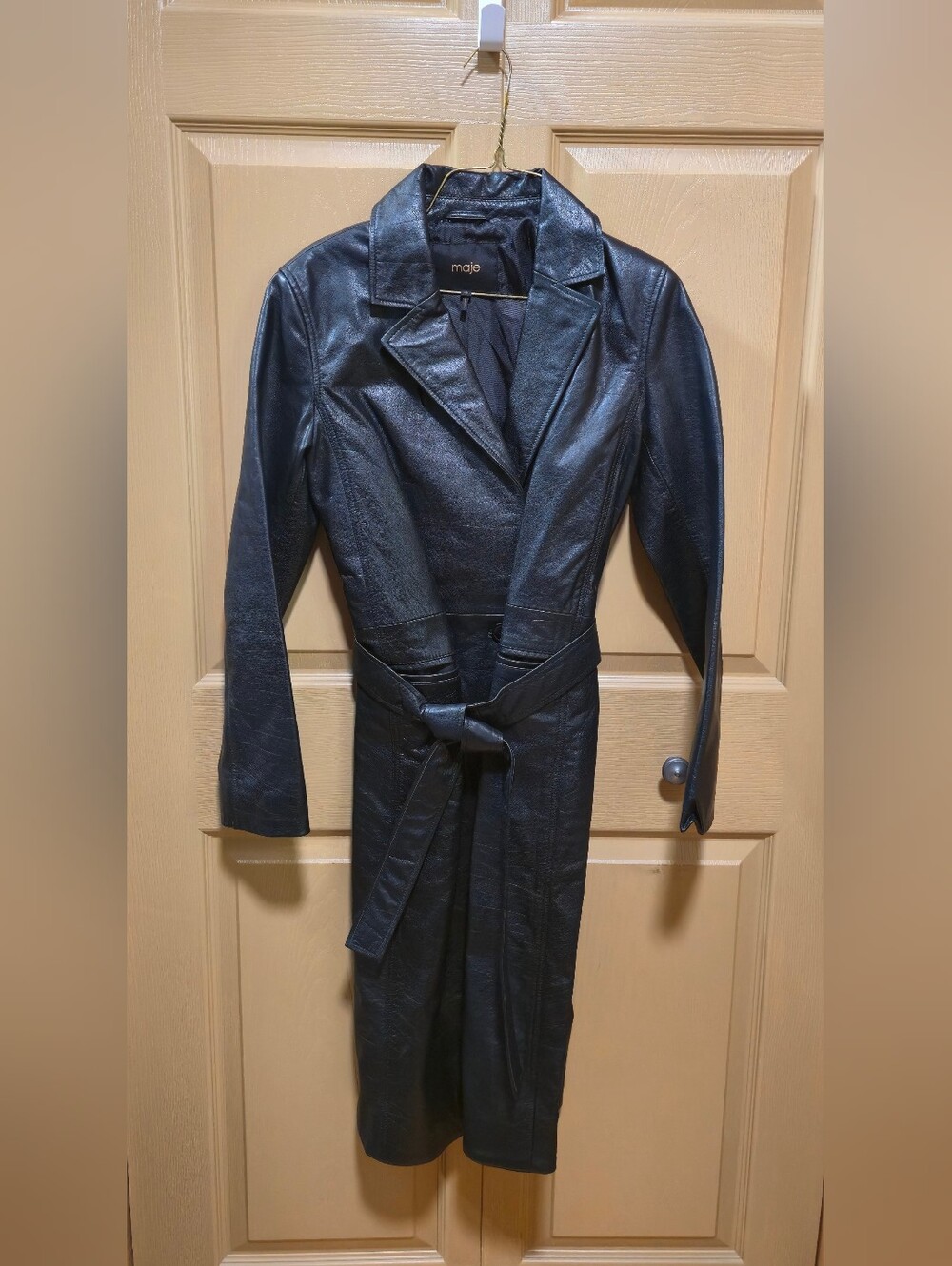 Maje Black Leather Long Trench with Tie Belt